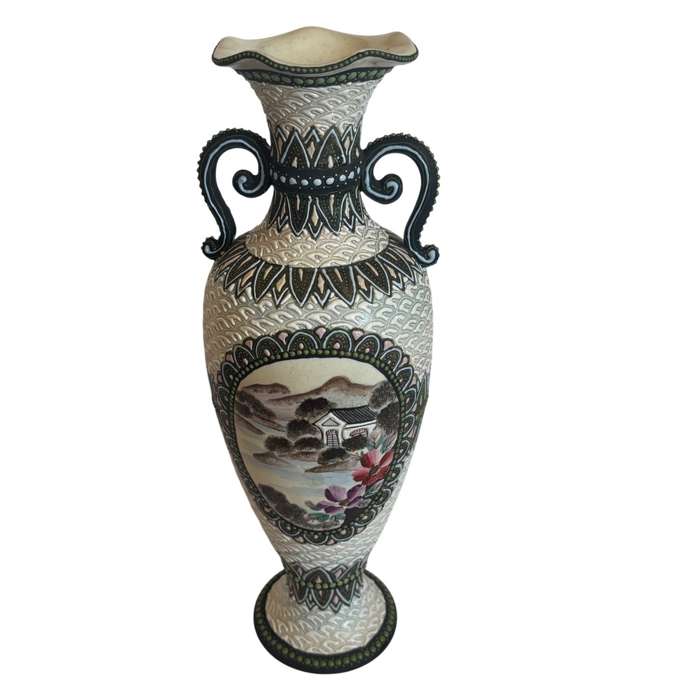Vintage French Moriage Ceramic Vase Hand Painted Landscape Scrolled Handle 15"